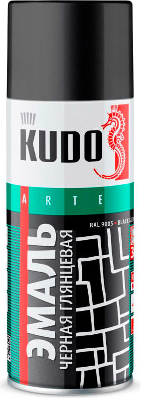 Аэрозольная краска в баллончике KUDO высокопрочная алкидная универсальная черная глянцевая 520 мл. KU-1002