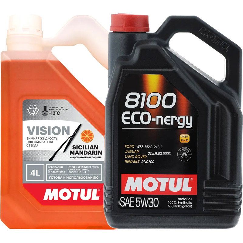 Моторное масло MOTUL 8100 ECO-NERGY 5W-30 Синтетическое 5 л + СТЕКЛООМЫВАЮЩая ЖИДКОСТЬ Vision