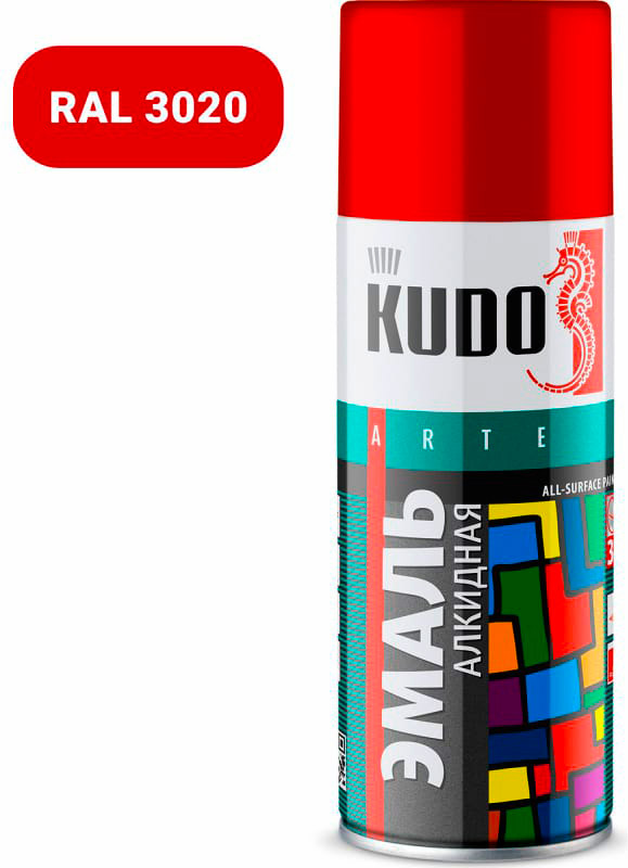 Аэрозольная краска в баллончике KUDO высокопрочная алкидная универсальная красная 520 мл. KU-1003