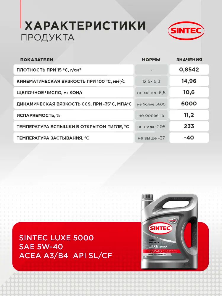 Масло моторное Sintec Luxe 5000 5w40 SL/CF 4л