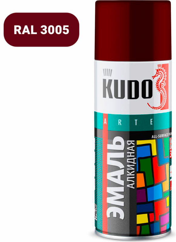 Аэрозольная краска в баллончике KUDO высокопрочная алкидная универсальная бордовый 520 мл. KU-10045