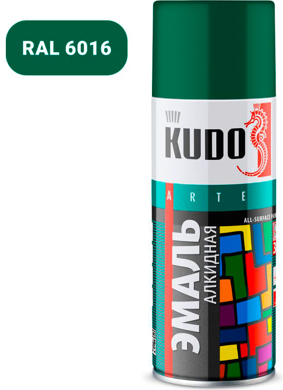 Аэрозольная краска в баллончике KUDO высокопрочная алкидная универсальная темно-зеленый 520 мл. KU-1007